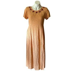 Vintage Sarah Elizabeth Yellow Pink Floral Embroidered Short Sleeve Maxi Dress